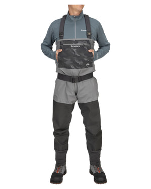 Reach-through hand warmer chest pocket with zippered top stash pocket in Classic Gore TEX Simms Wader