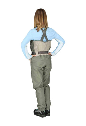 A heavy-duty engineered fabric with a microporous waterproof coating that utilizes 2-layer coated fabric, a single membrane layer and a tricot backer to offer improved durability of the Simms Women's Freestone Waders 